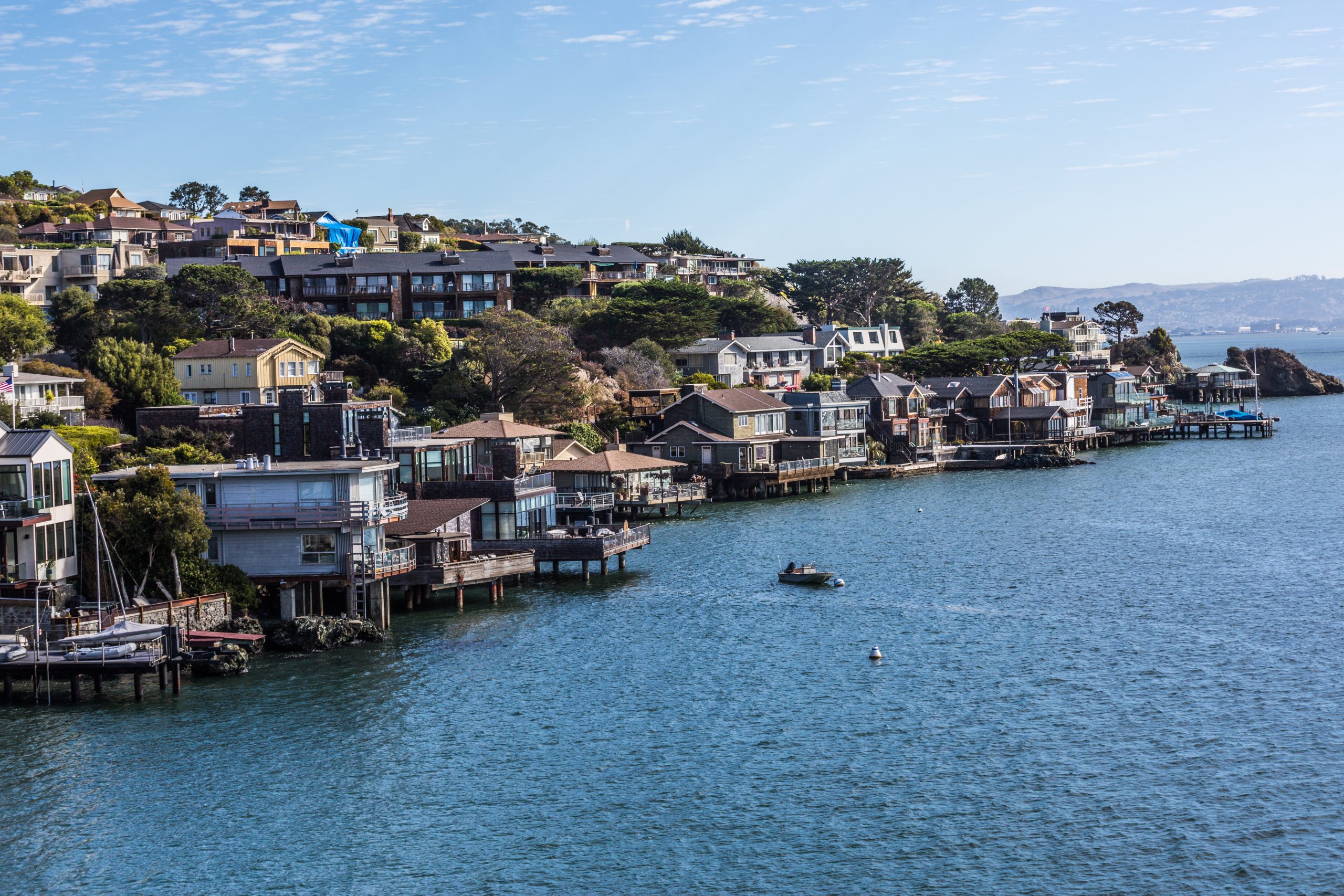 Scenic view of the city of Tiburon, California during a beautiful sunny day, blue sky and soft